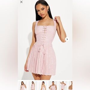 Elegant Pink Lace-Up Dress - Amelia Jacquard Mini Dress